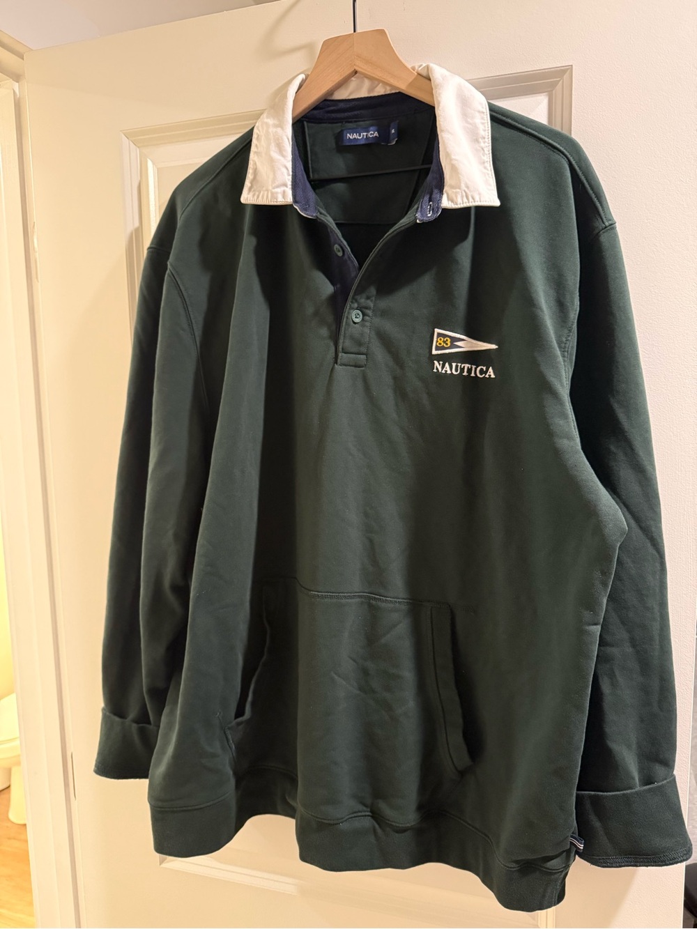 Nautica Dark Green Rugby Polo with White Contrast Collar